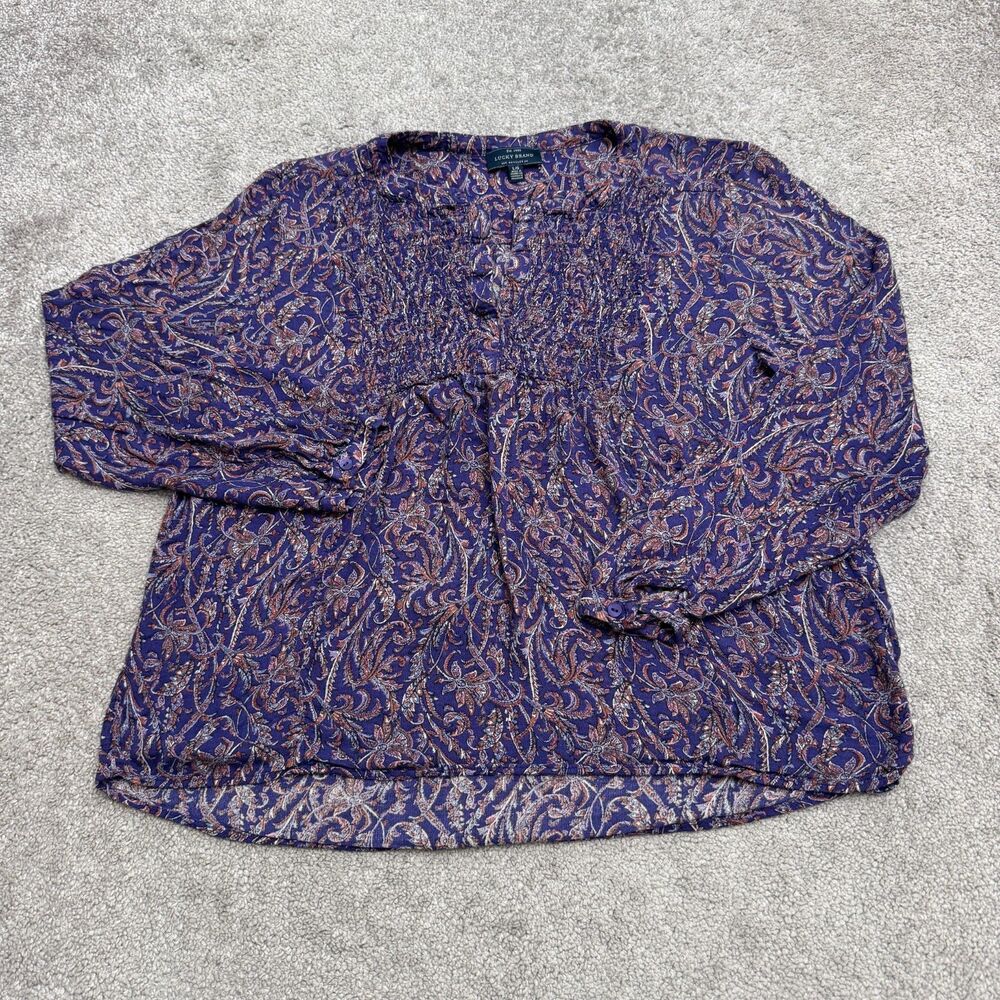 Lucky Brand Paisley Smocked Peasant Blouse Womens Large Purple Long Sleeve Boho